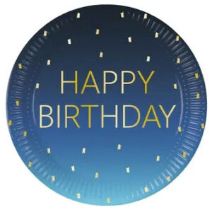 Happy Birthday Assiette en carton Bleu Doré