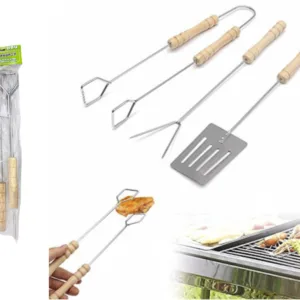 Lot d’Ustensiles pour Barbecue – 3 Pièces – Acier Inox & Manche Bois