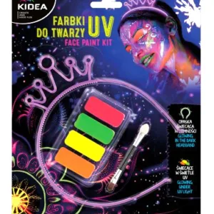 Peintures pour le visage UV Kidea + bandeau phosphorescent – Orange, Jaune, Vert, Rose