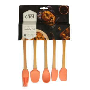 Lot de 5 Ustensiles de Cuisine en Bois et Silicone – Rose – 20 cm – Spatules, Cuillères, Brosse