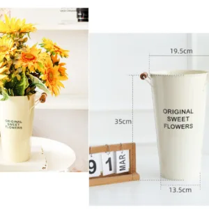 Vase en Métal Blanc avec Poignées en Bois – 35 x 19,5 x 13,5 cm – Inscription "Original Sweet Flowers"