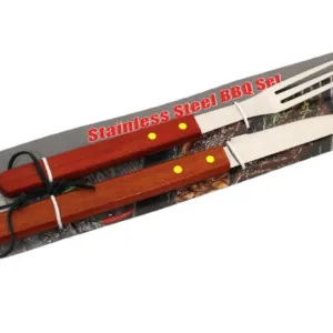 Ensemble d’Ustensiles de Barbecue – Couteau + Fourchette 3 Dents – Manche en Bois – Lot de 2 Pièces sous Blister