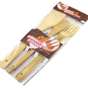 Lot d'Ustensiles de Cuisine en Bois et Bambou – 3 Pièces Naturelles